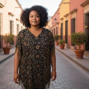 Vintage Black Silk Dress with Gold Beaded Fringes | 1980s Plus Size | Tan Chho |